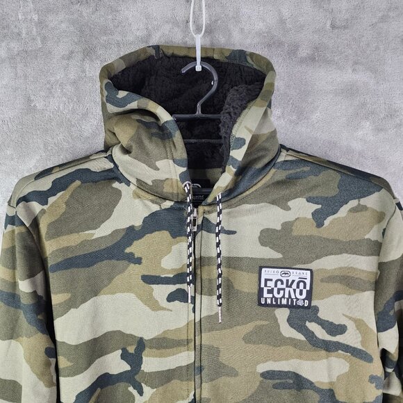 Mens Ecko Unltd Green Camouflage Fleece Hoodie Jacket Full Zip Long Sleeve L - Picture 4 of 13